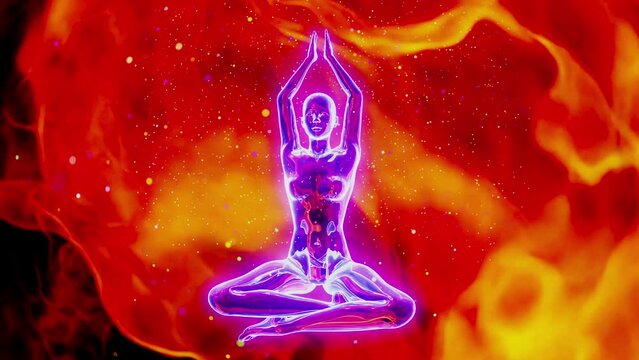 A girl in the lotus position soaring in a nebula