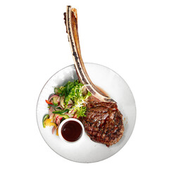 Isolated portion of grilled beef tomahawk steak on white background