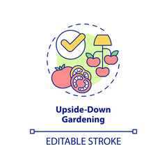 Fototapeta premium Upside down gardening concept icon. Growing tomatoes. Gardening method abstract idea thin line illustration. Isolated outline drawing. Editable stroke. Arial, Myriad Pro-Bold fonts used