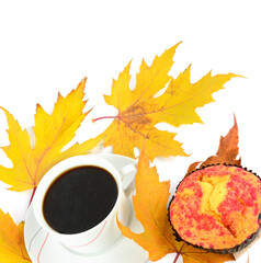 Cup of coffee,muffin and yellow maple leaf isolated on white. Place for your text.