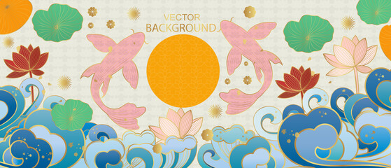 Vector poster with koi carp on a Japanese theme. Line art style. Vector background.