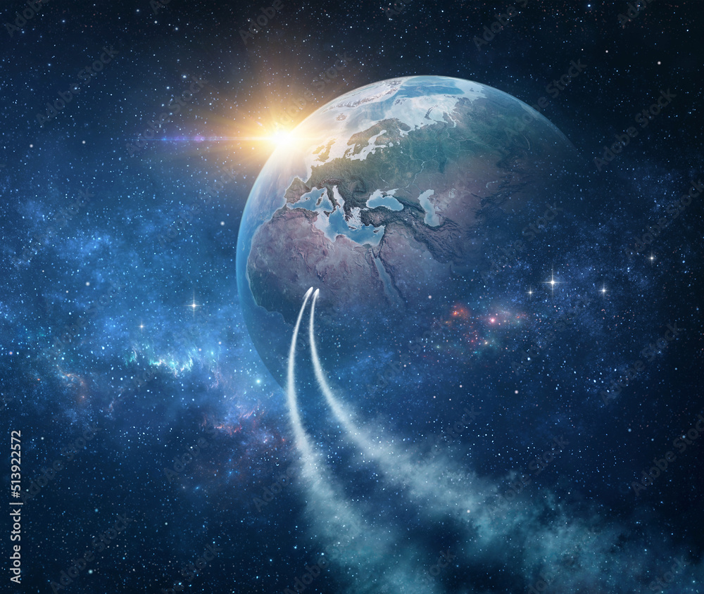 Wall mural spaceships, space probes traveling through galaxy, returning planet earth, sun rising behind. comets