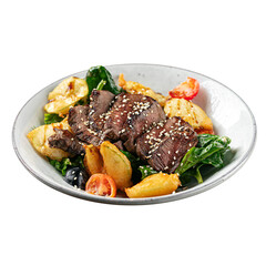 Isolated portion of roast beef dish with vegetables garnish