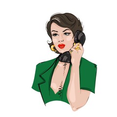 illustration sketch in pin-up style beautiful brunette girl with red lips calling on the phone for design and visual 