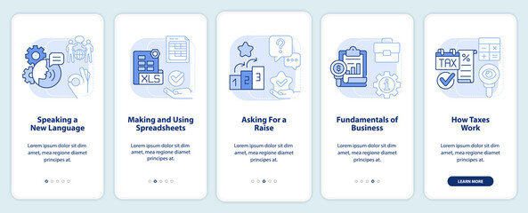 Experiences light blue onboarding mobile app screen. Job and career walkthrough 5 steps editable graphic instructions with linear concepts. UI, UX, GUI template. Myriad Pro-Bold, Regular fonts used