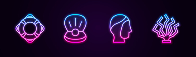 Set line Lifebuoy, Pearl, Diving hood and Coral. Glowing neon icon. Vector