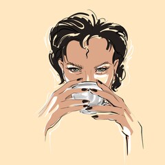 Art illustration sketch young woman with beautiful eyes drinks a drink from a cup. Illustration for visual art 