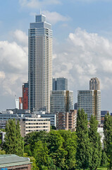 Fototapeta na wymiar Rotterdam, The Netherlands, June 24, 2022: the recently completed Zalmhaven tower, rising behind the trees of Museumpark