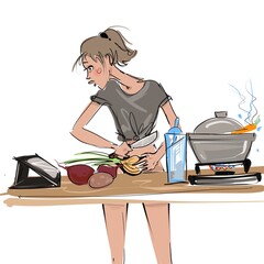 funny illustration of a young slender beautiful girl who cuts, cooks vegetables in a saucepan and looks at the computer in the kitchen. Illustration for design and visual 