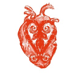 art illustration red heart with oriental national ornament on white background. Illustration for design and print 