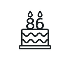 Birthday cake line icon with candle number 86 (eighty-six). Vector.