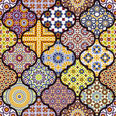 Arabic style decorative moroccan tiles patchwork colorful vector seamless pattern - obrazy, fototapety, plakaty