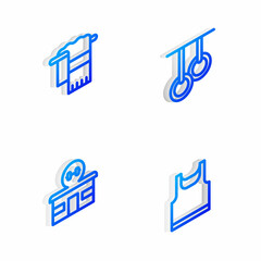 Set Isometric line Gymnastic rings, Towel on hanger, building and Sleeveless t-shirt icon. Vector