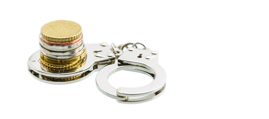 Business fraud and tax avoidance / tax evasion concept : Coin in a small silver handcuff, depicts...