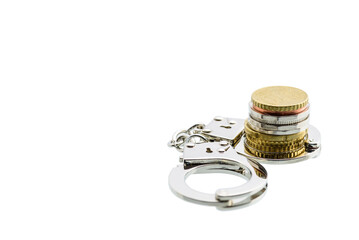 Business fraud and tax avoidance / evasion concept : Coin in a silver handcuff, depicts the use of...