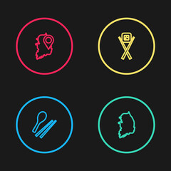 Set line Food chopsticks, South Korea map, Sushi with and icon. Vector