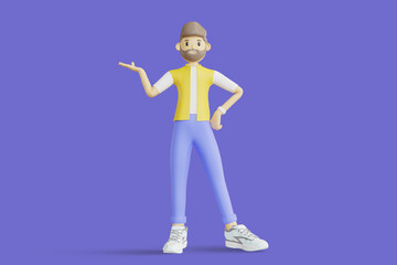 Portrait of smiling cute сasual brunette man wearing white and yellow shirt doing welcome gesture inviting new customer. Minimal stylized art style. 3d rendering