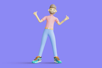 Portrait of smiling cute brunette man wearing pink t-shirt doing welcome gesture inviting new customers. Minimal stylish art style. 3d rendering