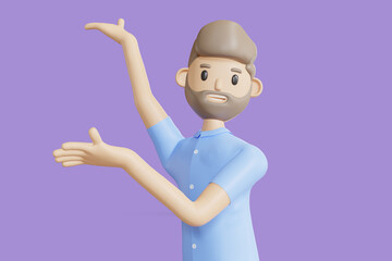 Portrait of smiling cute сasual brunette man wearing blue shirt doing welcome gesture inviting new customer. Minimal stylized art style. 3d rendering