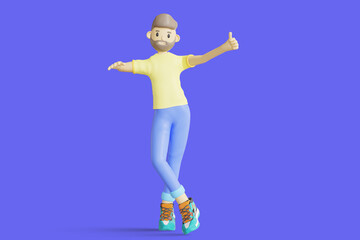 Portrait of smiling cute brunette man wearing yellow t-shirt doing one hand raising gesture and giving thumbs up. Minimal stylish art style. 3d rendering