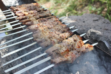 Cooking shashlik on the mangal in nice nature