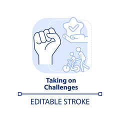 Taking on challenges light blue concept icon. Life skill for kid abstract idea thin line illustration. Overcome obstacles. Isolated outline drawing. Editable stroke. Arial, Myriad Pro-Bold fonts used