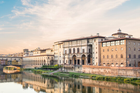 Beautiful view of the Uffizi Gallery on the banks of the Arno River in Florence, Italy