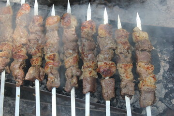 Cooking shashlik on the mangal in nice nature
