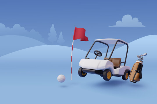 3d Vector of Golf cart, golf bag and golf flag, Sport and Game competition concept.