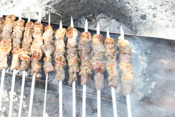 Cooking shashlik on the mangal in nice nature
