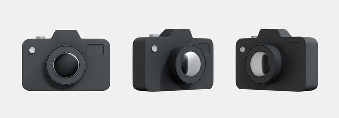 3D Photo camera set icon in realistic design. Professional photography equipment. Black camera with lens and button. Front view and angles. Creative design isolated on white background. 3D Rendering