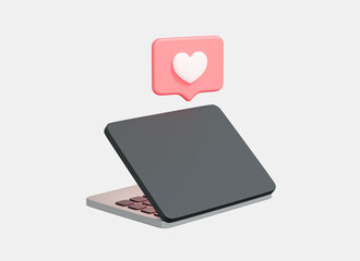 3D Laptop with like icon. Social media marketing concept. Pink heart emoji speech bubble. Social network message on computer. Cartoon creative design icon isolated on white background. 3D Rendering