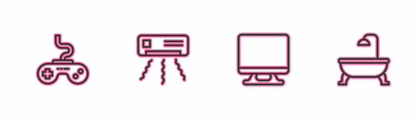 Set line Gamepad, Smart Tv, Air conditioner and Bathtub icon. Vector
