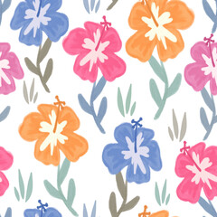 cute hand drawn hibiscus flowers seamless pattern background illustration

