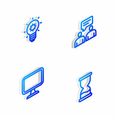 Set Isometric line Two sitting men talking, Light bulb, Computer monitor and Old hourglass icon. Vector