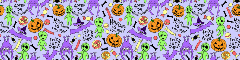 Happy Halloween-seamless pattern with set of icons-pumpkin, Jack lantern, zombie, bat, candy. Funny colorful holiday background, texture for greeting card, wrapping paper, party poster