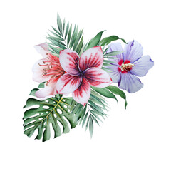 Bright bouquet with  flowers. Hibiscus. Monstera.  Watercolor illustration. Hand drawn.