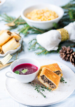 Croquettes with mushrooms with beetroot soup