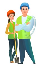Man and woman builder in vest and protective helmet. Guy worker. Cheerful person. Standing pose. Cartoon comic style flat design. Single character. Illustration isolated white background. Vector