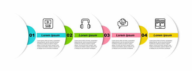 Set line Video with subtitles, Headphones, Learning foreign languages and Online translator. Business infographic template. Vector