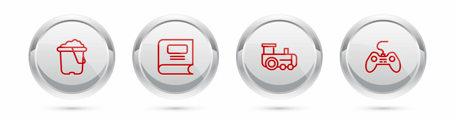 Set line Sand in bucket, Book, Toy train and Gamepad. Silver circle button. Vector © vector_v