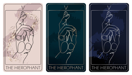 The Hierophant. A card of Major arcana one line drawing tarot cards. Tarot deck. Vector linear hand drawn illustration with occult, mystical and esoteric symbols. 3 colors.Proposional to 2,75x4,75 in.