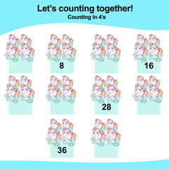Counting in 4s. Unicorn theme. Educational printable math worksheet. Vector illustration.