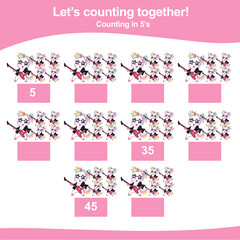 Counting in 5s. Unicorn theme. Educational printable math worksheet. Vector illustration.