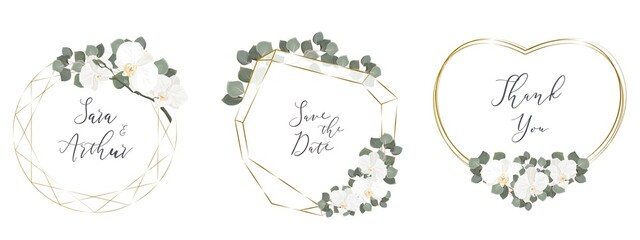 Vector set of frames for wedding invitations. Gold polygonal frames, in the shape of a heart, crystal. White orchids, eucalyptus 