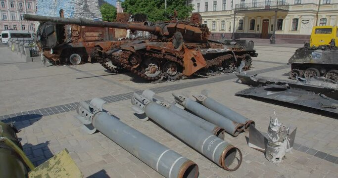 Spent projectiles for MLRS, multiple launch rocket systems - "Uragan", "Grad"  Exibition in Kyiv on Sophia Square  of destroyed Russian vehicles, War in Ukraine