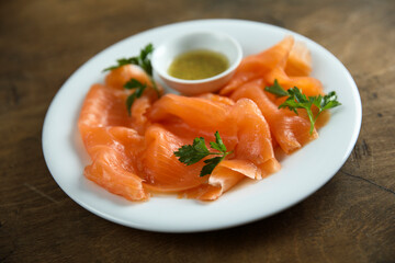Homemade gravlax salmon with mustard sauce