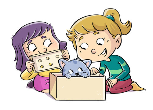 Children's illustration of little girls opening a box with a cat inside