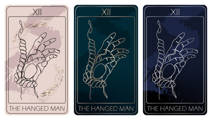 The Hanged Man. A card of Major arcana one line drawing tarot cards. Vector linear hand drawn illustration with occult, mystical and esoteric symbols. 3 colors. Proposional to 2,75x4,75 in.
