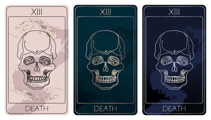 Death. A card of Major arcana one line drawing tarot cards. Tarot deck. Vector linear hand drawn illustration with occult, mystical and esoteric symbols. 3 colors. Proposional to 2,75x4,75 in.